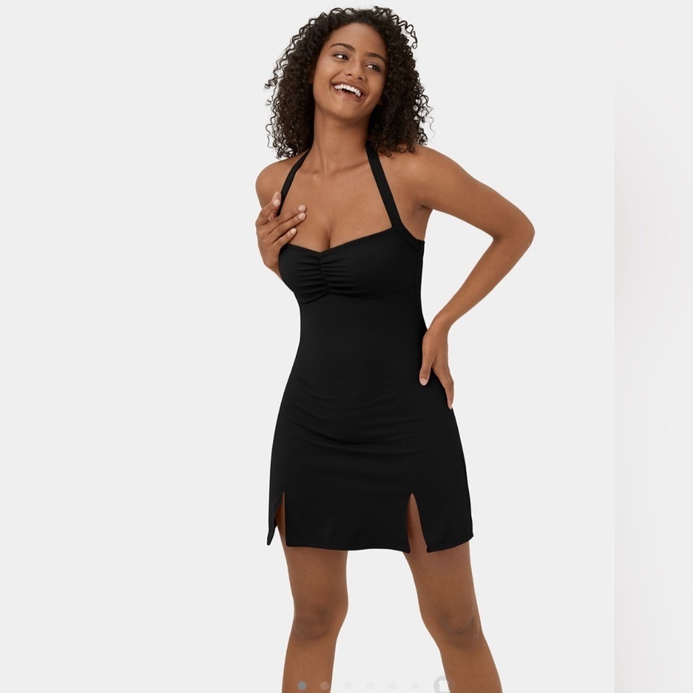 Halara Softlyzero Plush Halter Ruched Backless Split Hem Mini Active‎ Dress NWT